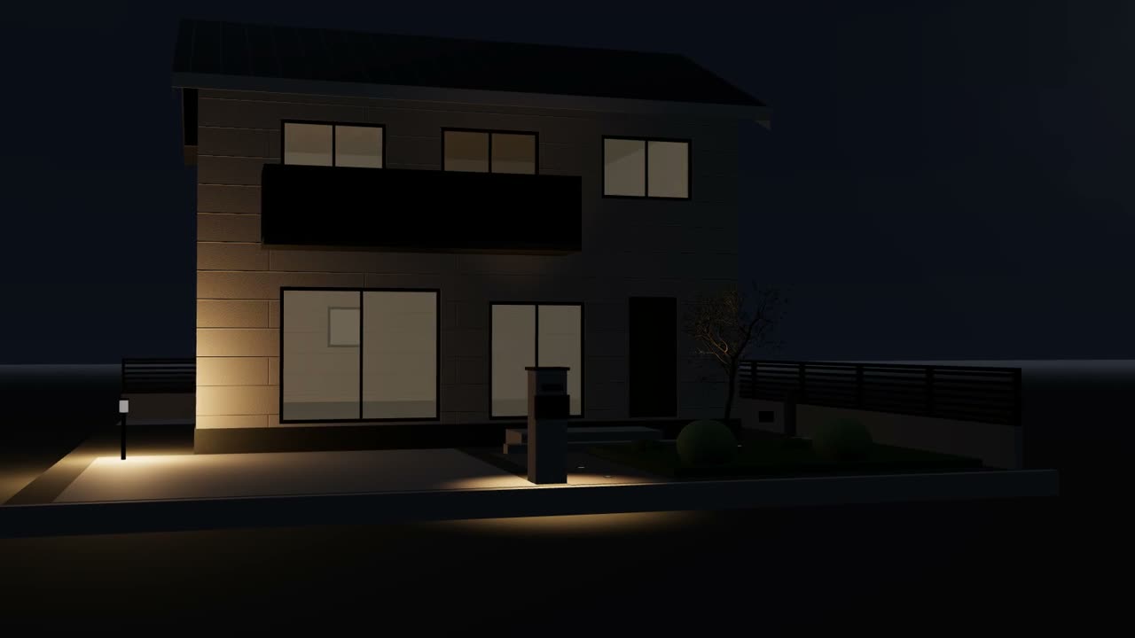 夜に点灯した住宅と外構の3D